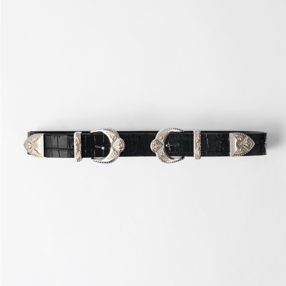 Maje Black Croc-Embossed Leather Belt with Silver Western Buckles
